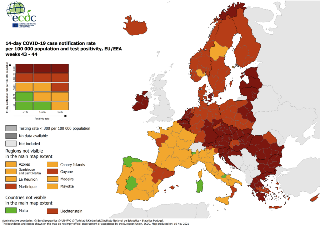 Fast ganz Ungarn ist auf der epidemiologischen Karte der EU dunkelrot markiert